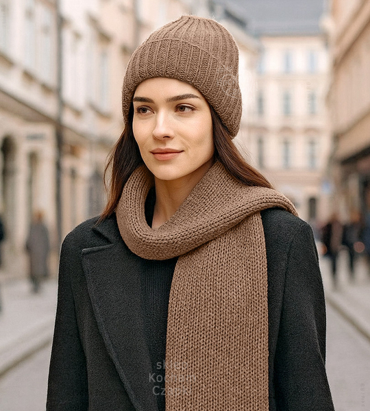 Komplet czapka i szalik,  merino 100%, Porshia, kakaowy, 55-56 cm