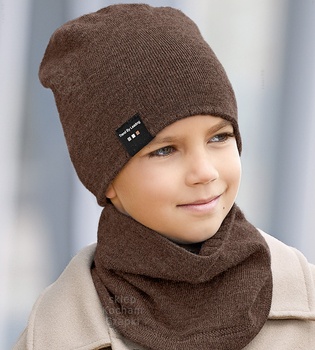 Zimowa czapka i komin, sportowy komplet dla chłopca, Desuno, dwustronny, brąz + beż, 54-60 cm