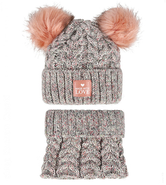 Czapka zimowa i komin dla dziewczynki, Estancia, szary + łosoś melanż, 46-48 cm