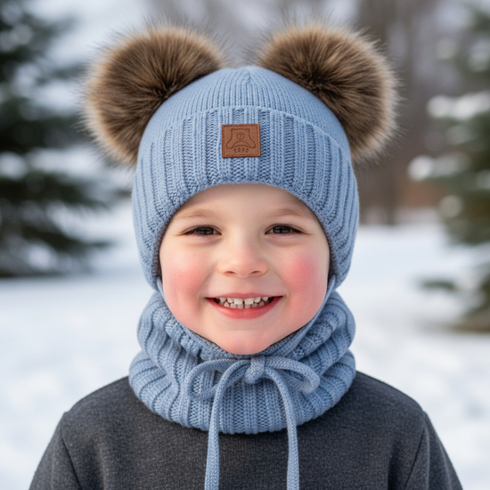 Czapka i komin dla chłopca, wełniany komplet 100% merino, Noovik, jasny niebieski (05), 48-50 cm