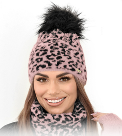 Czapka zimowa z pomponem, damska, panterka Paraiso, alpaka, różowy, 55-58 cm