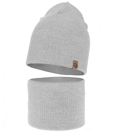 Czapka i komin dla chłopca, jesienny/wiosenny komplet, 100% wełna merino, Chiris, szary jasny, 52-54 cm