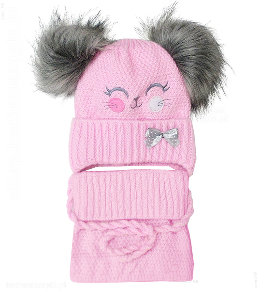 Czapka i komin zimowy dla dziewczynki, dwa pompony, Melma, rozm. 46-49 cm