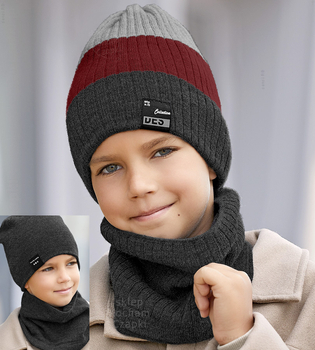 Zimowa czapka i komin, sportowy komplet dla chłopca, Desuno, dwustronny, grafit + bordo, 54-60 cm
