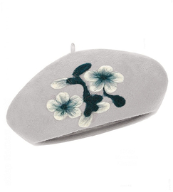 Beret damski zimowy, wełniany z aplikacją, Giliana, szary, 56-58 cm