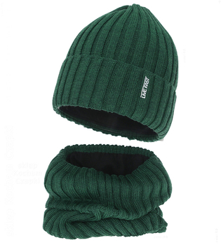 Czapka i komin dla chłopca, merino 50%, Nabasco, zielony, 55-57 cm