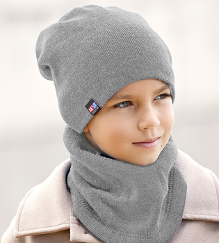 Zimowa czapka i komin, sportowy komplet dla chłopca, Creation, dwustronny, granat + szary, 50-55 cm