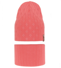 Komplet wiosenny/jesienny dla dziewczynki, czapka i komin, koralowy, Leficity, 50-54 cm