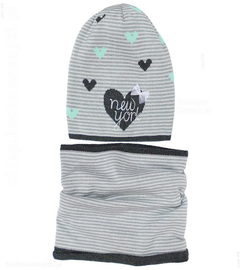 Komplet czapka wiosenna dla dziewczynki i komin, New York, szary+mięta, 50-52 cm