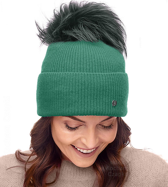  Czapka Damska z Wełny Merino i Kaszmiru z Pomponem z Jenota, Cavilla, zielona, 55-57 cm