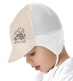 Czapka na lato dla niemowlaka, muślinowa z siateczką i daszkiem, Ryoko, 43-45 cm