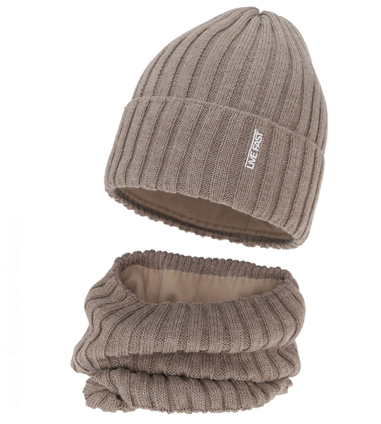 Czapka i komin dla chłopca, merino 50%, Nabasco, beżowy, 55-57 cm