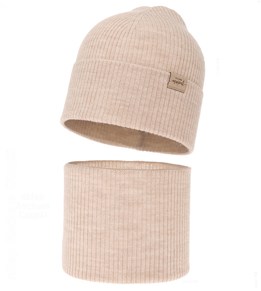 Czapka i komin dla dziewczynki, jesienny/wiosenny komplet, 100% merino, Gamenta, beżowy (02), 48-51 cm