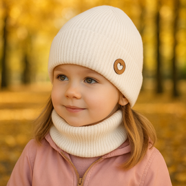 Czapka i komin dla dziewczynki, jesienny/wiosenny komplet wełniany, 100% merino, Corrie, kremowy, 48-50 cm