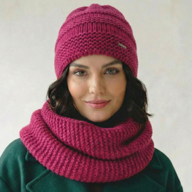 Czapka i komin do obwijania, zimowy damski komplet, Irydia, amarantowy, 56-60 cm
