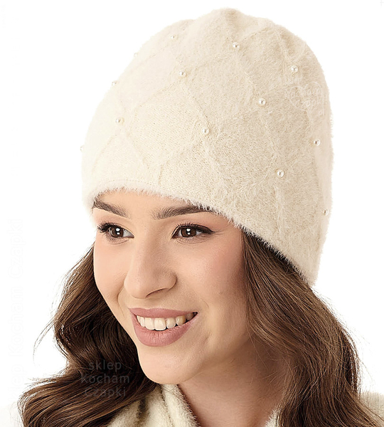 Czapka damska zimowa z perełkam, Havenna, ecru, 55-57