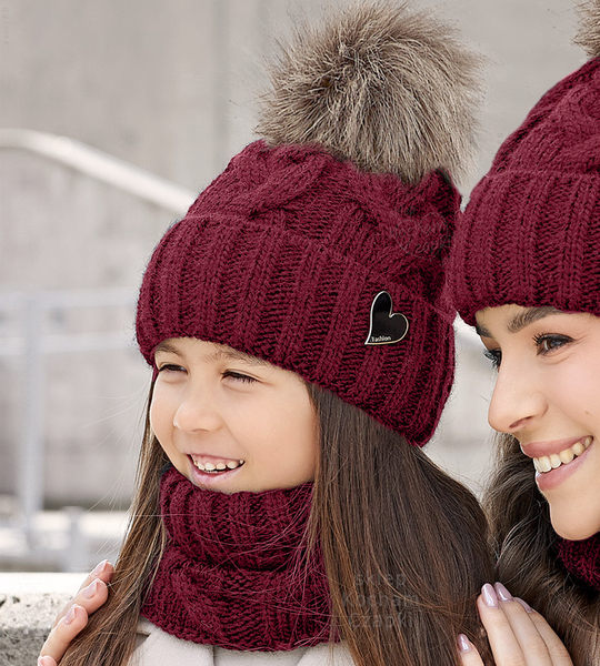 Czapka i komin dla dziewczynki, komplet zimowy, Vitona, bordowy, 54-56 cm