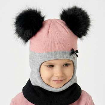 Kominiarka dla dziewczynki, dwa pompony, morela+szary, Kajsa, 46-49 cm