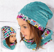 Komplet Owieczki, czapka i komin, dwustronny na jesień i zimę, rozm. 46-49 cm, niebieski