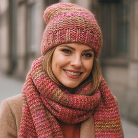 Czapka i szalik, damski zestaw, Gisele, róż + wrzos , 55-57 cm