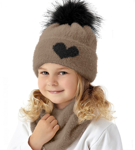Czapka i komin dla dziewczynki, zimowy komplet, Peliana, ciemny beż, 48-52 cm