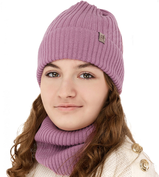 Czapka i komin dla dziewczynki, 100% merino, Temira, różowy (11), 50-52 cm