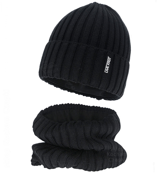 Czapka i komin dla chłopca, merino 50%, Nabasco, czarny, 50-52 cm