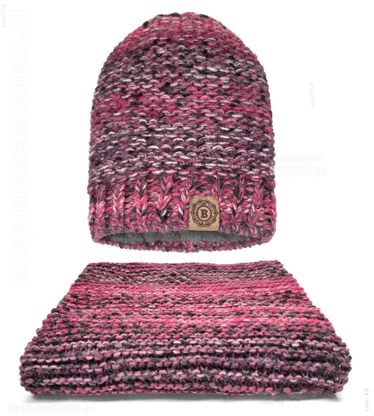 Czapka i szalik damskie, zimowy komplet, Gisele, śliwka+koral melanż, 54-56 cm
