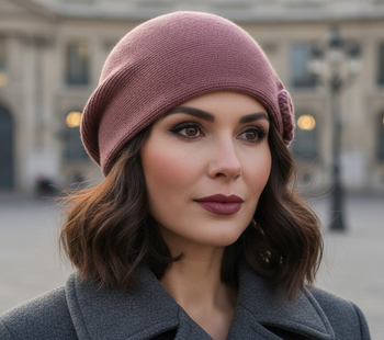 Czapka zimowa damska, beret pieczarka, Tesoni v.3, róż eozyna, 55-57 cm