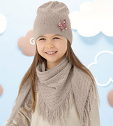 Czapka i chusta dla dziewczynki, dzianinowy ażurowy komplet, Nilfia, kakaowy, 53-55 cm