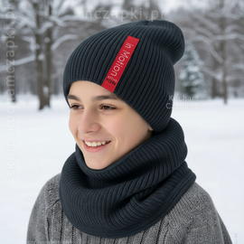 Czapka i komin dla chłopca, sportowy komplet zimowy,  Dinesh, dwustronny,  54-60 cm