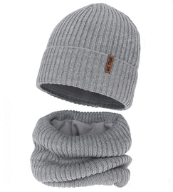 Czapka i komin dla chłopca, z wełną merino, Locton, szary, 50-52 cm