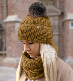 Czapka zimowa, z pomponem, komin, komplet damski, Mauricia musztardowy (6), rozm. 55-57  cm