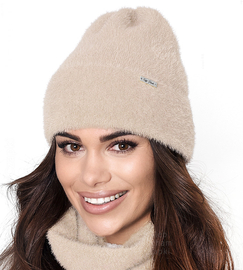 Czapka damska, alpaka syntetyczna, Nura, beżowa, rozm. 54-57 cm