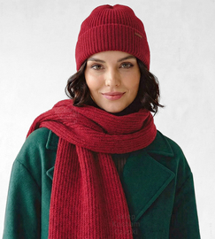 Komplet zimowy damski, czapka i szalik, z wełną merino, Alyssa, czerwony, 56-60 cm