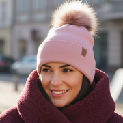 Czapka zimowa damska, Lakia, z pomponem, różowy, 55-60 cm
