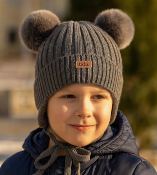 Czapka merino dla chłopca, zimowa  z pomponami, Kamino, szary, 48-51cm