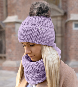 Czapka i komin damski zimowy, z pomponem, Mauricia, fioletowy melanż (2), 55-57 cm