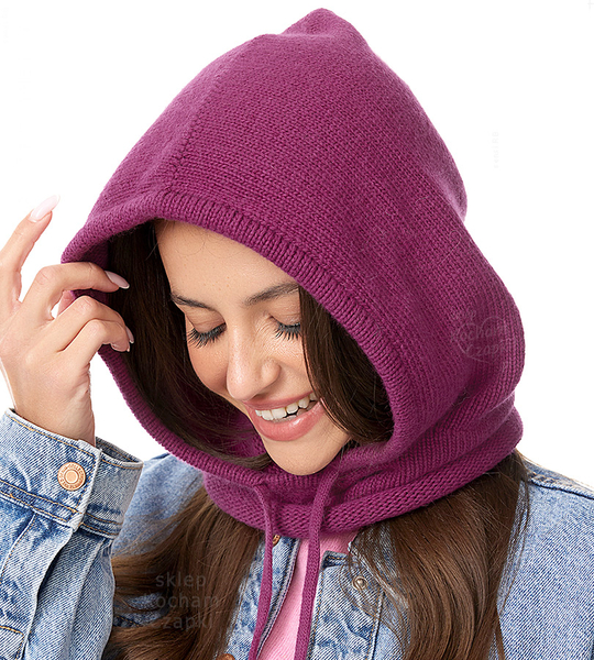 Komin z kapturem damski, kominiarka/kaptur zimowy wełniany, Ruanna, fuksja, 55-60 cm