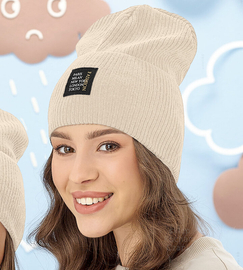 Czapka wiosenna/jesienna damska, z dzianiny w prążek, beżowa jasna, Bellina, 54-57 cm