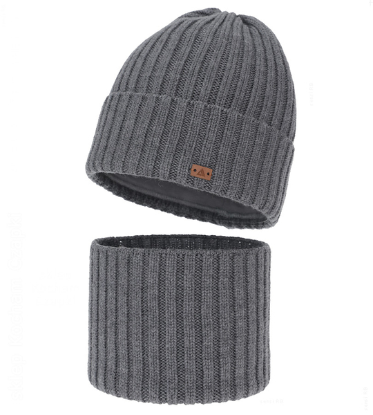 Czapka i komin dla chłopca, zimowy komplet, 100% wełniany merino, Buerto, szary (03), 55-57 cm