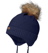 Czapka merino dla dziewczynki, pompon jenot, Naima, granatowa, 50-54 cm