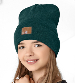 Dzianinowa czapka beanie dla dziewczynki, Eligante, zielony butelkowy, 54-57 cm