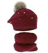 Beret zimowy i komin dla dziewczynki, komplet Anette, bordowy, 52-54 cm