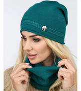 Czapka i komin damski, komplet wiosenny-jesienny, Reditta, szmaragdowy, 55-60 cm
