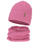 Czapka i komin dla dziewczynki, z wełną merino, Edotie, różowy (03), 53-56 cm