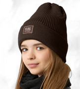 Czapka dziewczęca, prążkowana dzianina na zimę, brązowy ciemny, Annika, 52-56 cm