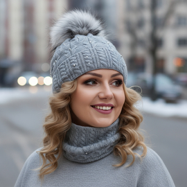 Zimowa czapka damska i komin, elegancki komplet Natalie, szary, 55-57 cm