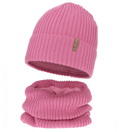 Czapka i komin dla dziewczynki, z wełną merino, Edotie, różowy (03), 53-56 cm