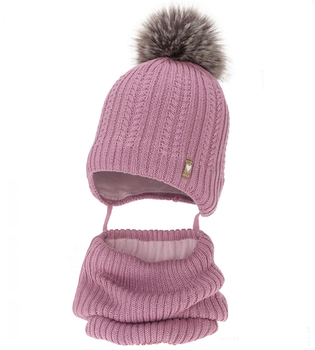 Czapka zimowa i komin z wełną merino, dla dziewczynki, Anmunda, wrzosowy (05), 48-50 cm